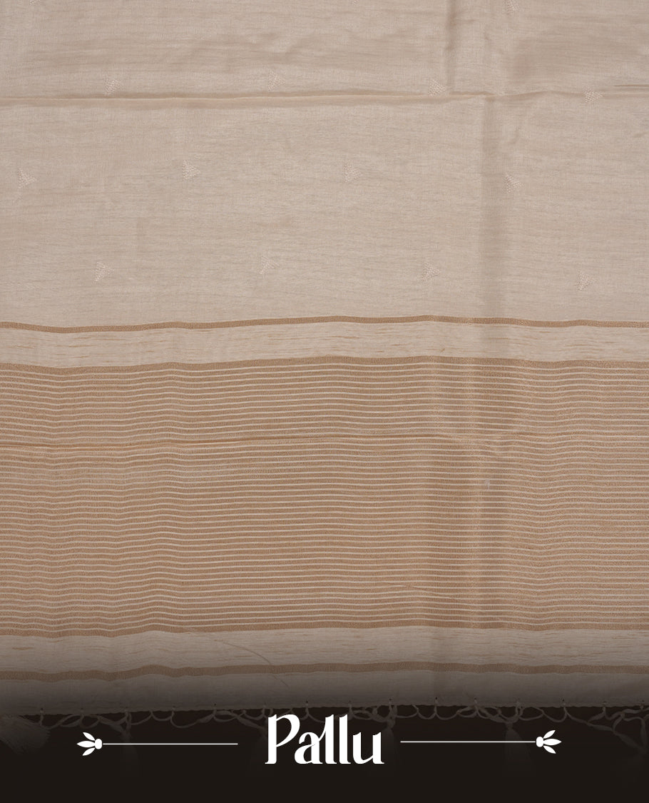 Beige colour Tussar silk saree featuring Elegant plain body, highlighting Lavender colour Leaf cut work with Light gold zari border, pallu and paired with matching blouse piece.
