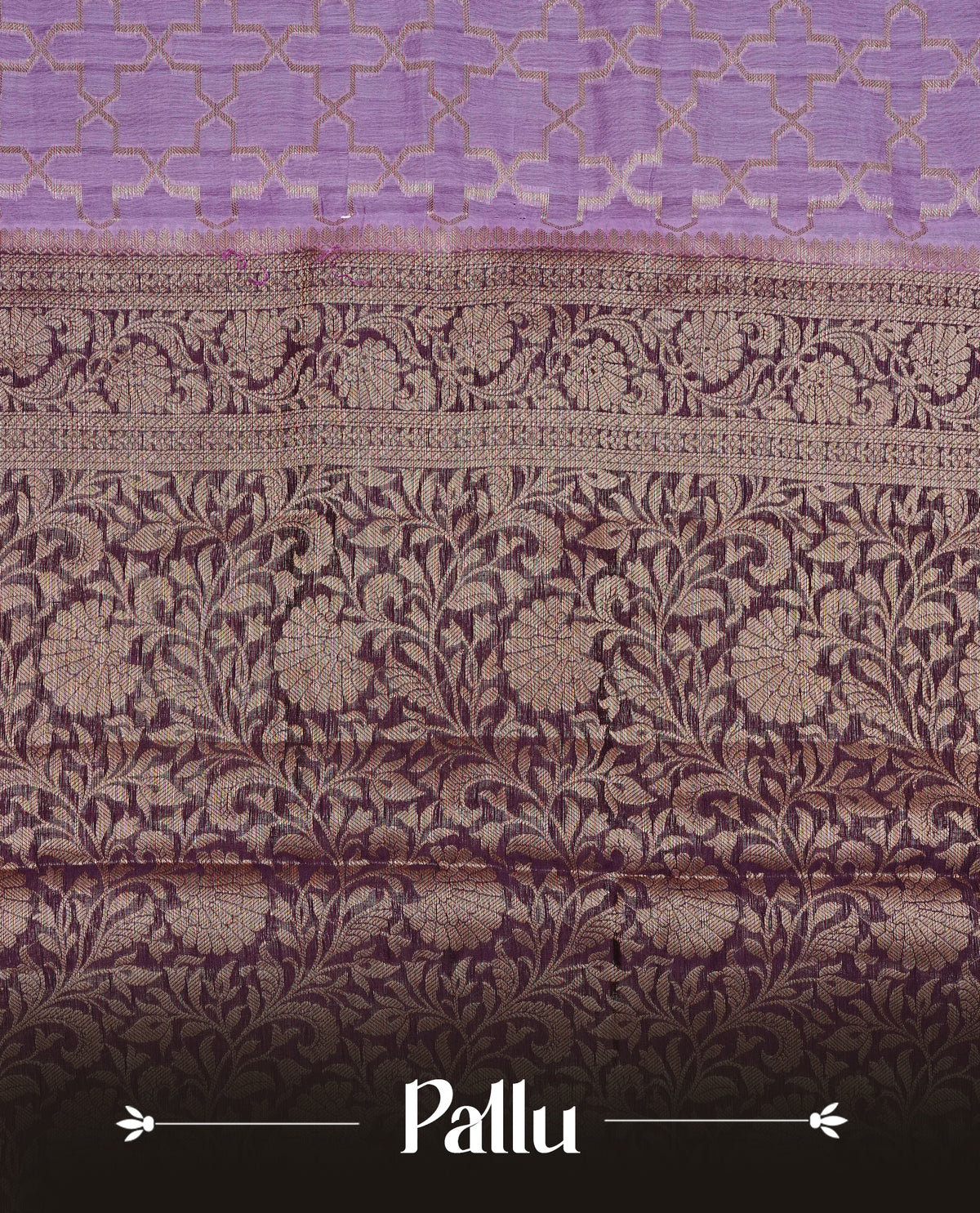 Light purple colour banaras silk saree featuring Gold zari geometric pattern on body, complemented by contrast Purple colour border with gold zari, comes with matching blouse piece.