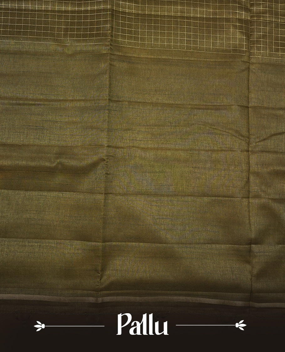 Olive green colour semi Tussar saree highlights gold zari check pattern across body,  border, pallu and paired with matching blouse piece.