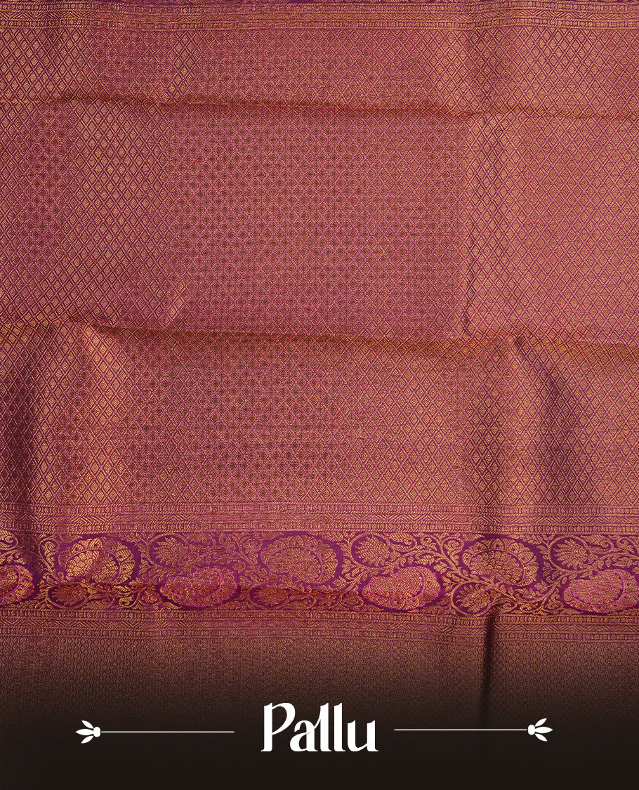 Purple colour kancheepuram silk saree featuring gold zari floral kodi pattern on body, complemented by self colour with traditional border, paired with matching blouse piece.