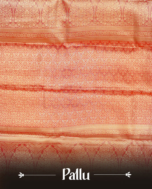 Orange & Gold Double shade Semi Tissue Silk saree featuring Light gold Kodi pattern on body, complemented by Contrast Purple with gold zari border, paired with matching blouse piece.