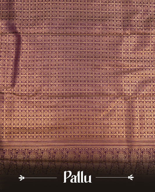 Light aqua colour semi wedding saree featuring gold zari motif on check pattern on body, complemented by contrast purple with traditional border, paired with matching blouse piece.