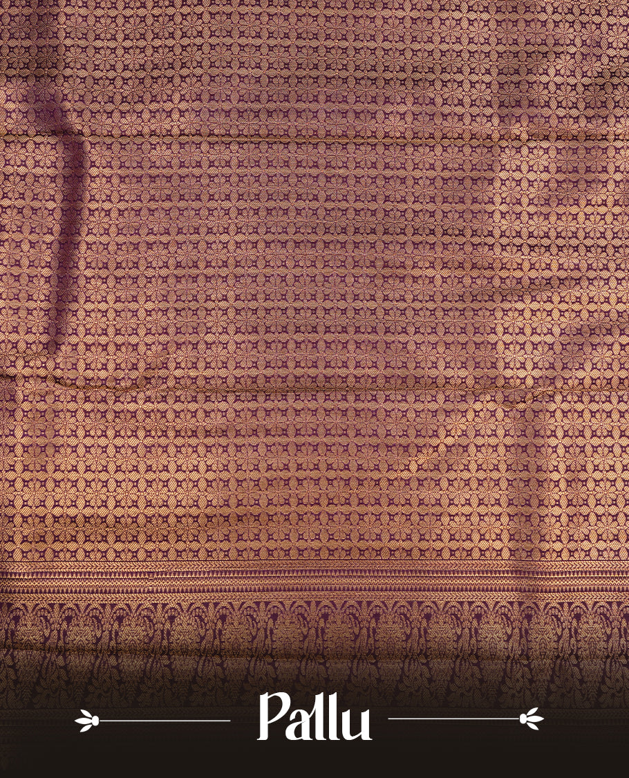 Light aqua colour semi wedding saree featuring gold zari motif on check pattern on body, complemented by contrast purple with traditional border, paired with matching blouse piece.