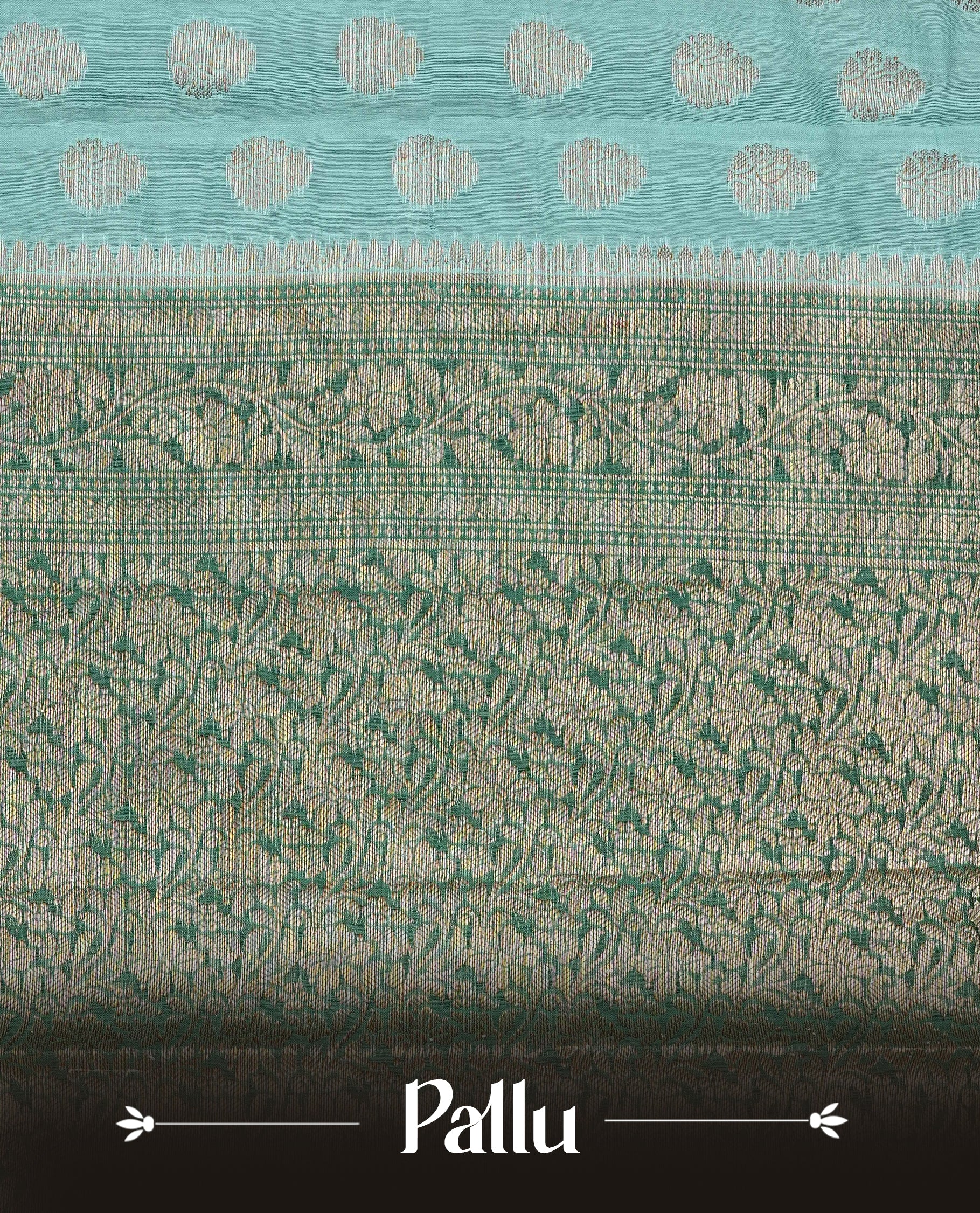 Light Sea Green Colour Tussar Silk saree adorned with antique zari butta motifs across the body, complemented by a contrasting bottle green floral zari border and pallu, paired with a matching blouse piece.