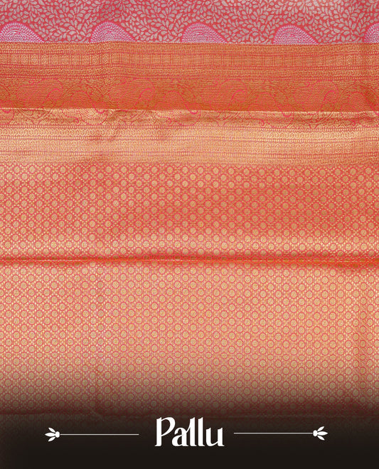 Orange & Gold Double shade Semi Tissue Silk saree featuring Light gold pattern on body, complemented by Contrast Orange with gold zari border, paired with matching blouse piece.