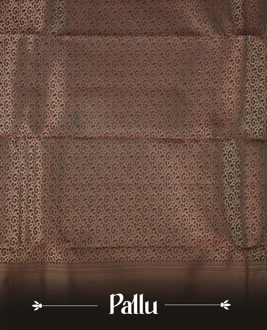 Mauve colour soft silk saree featuring gold zari motifs on the body, complemented by a contrast Green traditional zari border and pallu, paired with matching blouse piece.