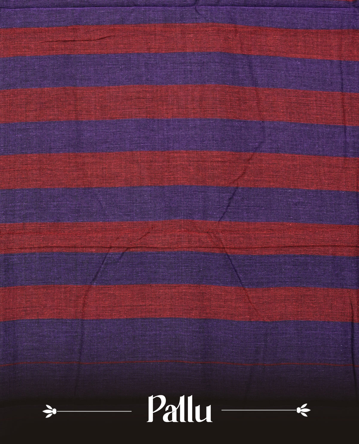 Purple colour Narayanapattu cotton saree with a plain body, complemented by a magenta Colour with Gold Zari border & contrast pallu, paired with a matching blouse piece.