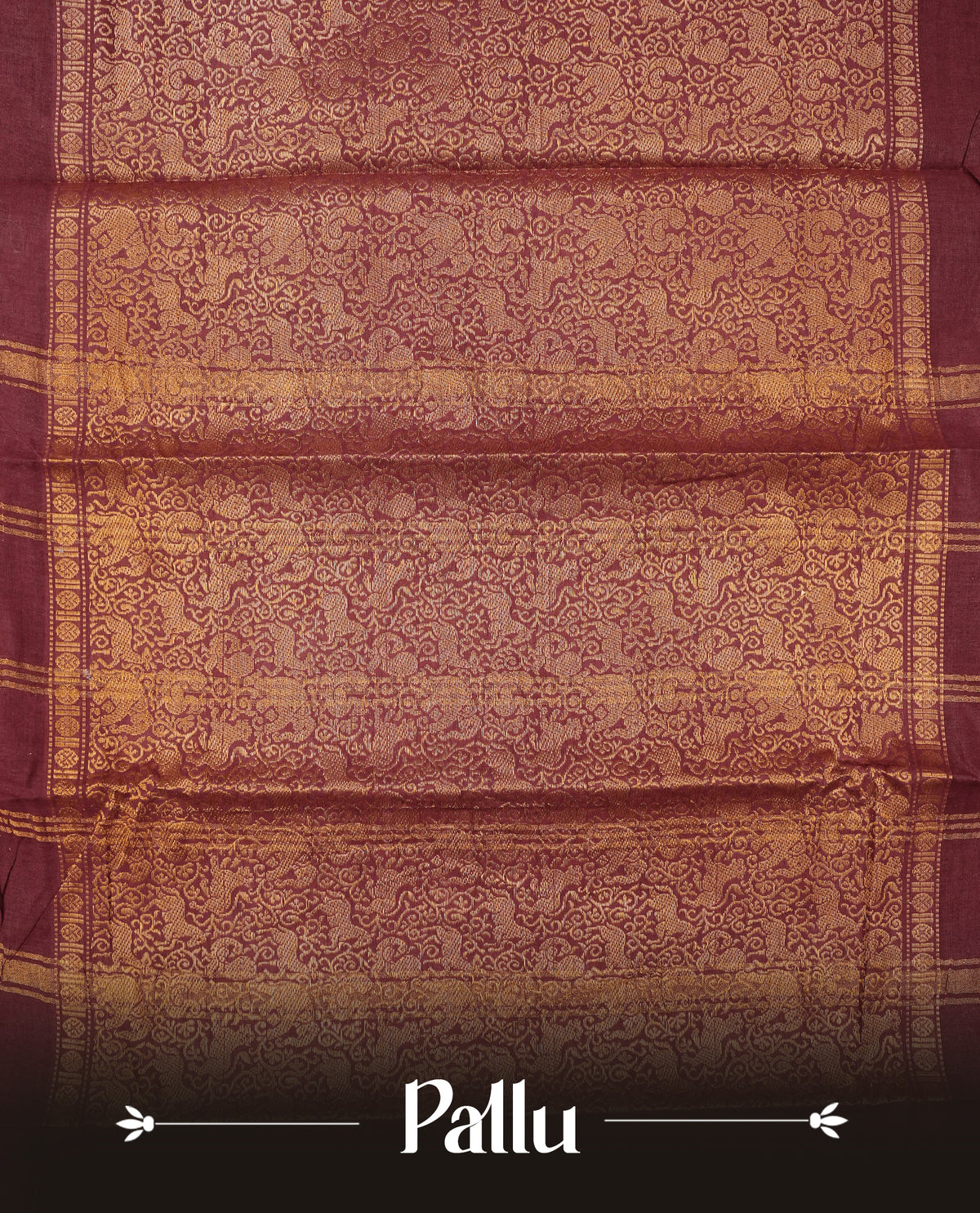 Maroon Colour Sungudi Cotton Saree with gold zari elephant & Peacock motifs on the body, a self zari border, and a rich gold zari pallu. Paired with a Contrast Green colour blouse Piece featuring a gold zari border.