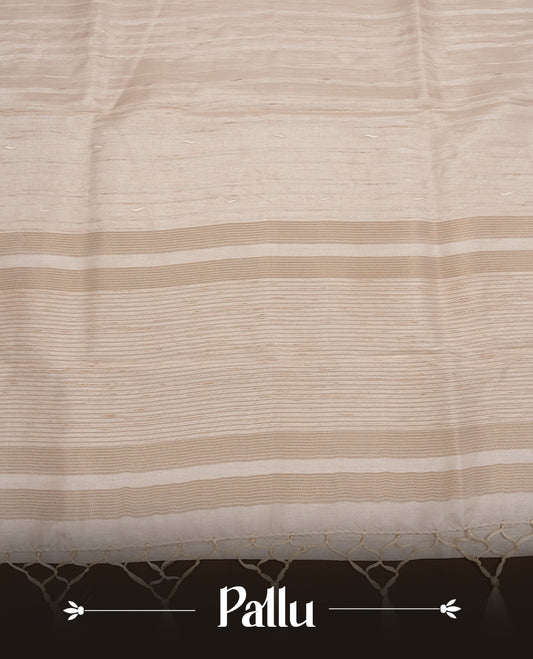 Beige colour Tussar silk saree featuring Elegant plain body, highlighting Purple colour cut work with gold zari border, pallu and paired with matching blouse piece.