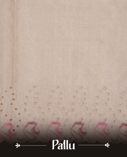 Beige colour Tussar silk saree featuring Elegant plain body, highlighting Light pink colour thread worked scalp border, pallu and paired with matching blouse piece.