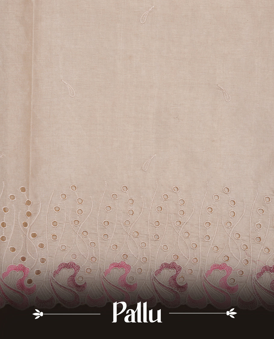 Beige colour Tussar silk saree featuring Elegant plain body, highlighting Light pink colour thread worked scalp border, pallu and paired with matching blouse piece.