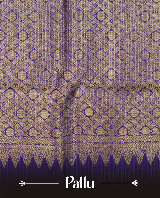 Lemon green colour Traditional Kancheepuram silk saree featuring Gold zari Delicate thin strips on body, complemented by contrast violet colour with traditional border, comes with matching blouse piece.