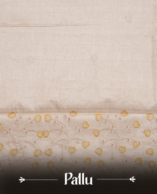 Beige colour Tussar silk saree featuring Elegant plain body, highlighting Yellow colour thread floral kodi worked scalp border, pallu and paired with matching blouse piece.