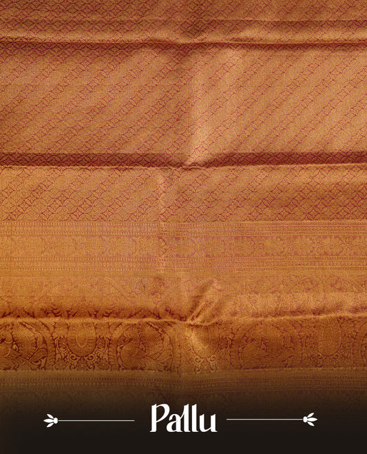 Gold, magenta, green multi colour kancheepuram tissue silk saree featuring gold zari Bird inside box pattern on body, complemented by contrast magenta colour with traditional border, paired with matching blouse piece.