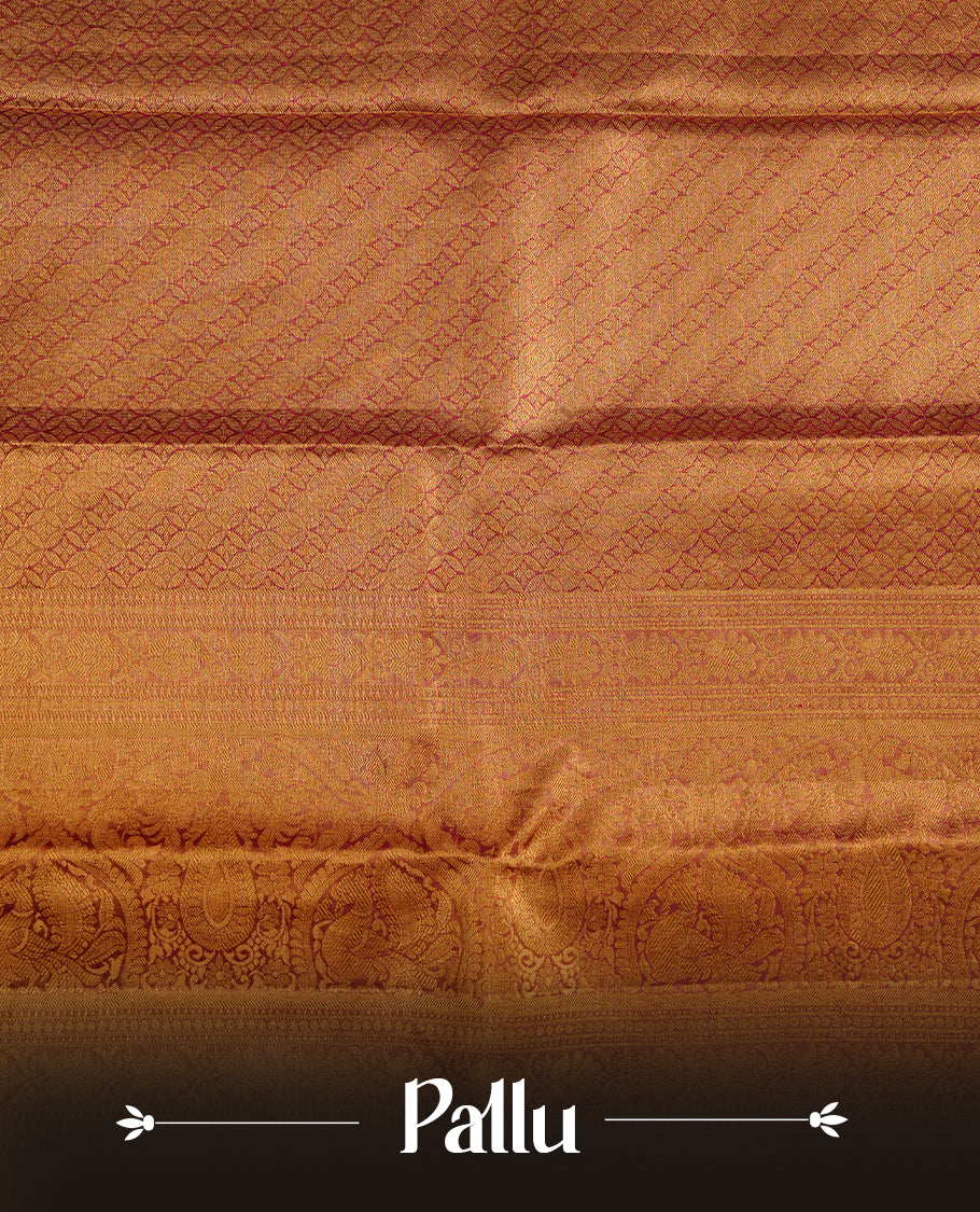 Gold, magenta, green multi colour kancheepuram tissue silk saree featuring gold zari Bird inside box pattern on body, complemented by contrast magenta colour with traditional border, paired with matching blouse piece.