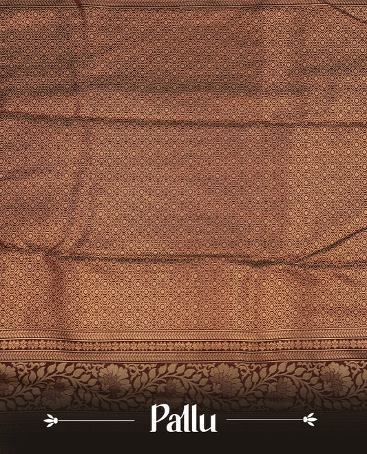 Bottle green colour semi wedding saree featuring gold zari check with motifs on body, contrast chocolate colour with traditional border, paired with matching blouse piece.