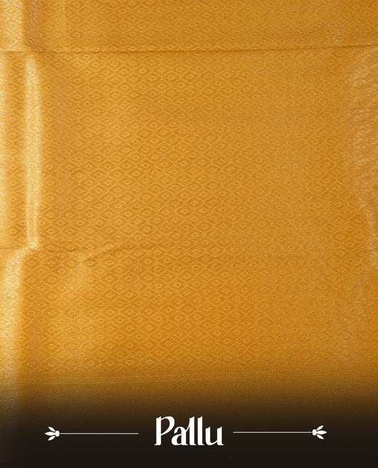 Yellow colour soft silk saree featuring gold zari pattern on body, complemented by self colour with traditional border, paired with matching blouse piece.