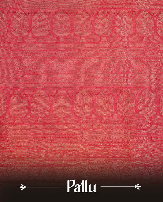 Magenta colour soft silk saree featuring gold zari pattern on body, complemented by self colour with traditional border, paired with matching blouse piece.