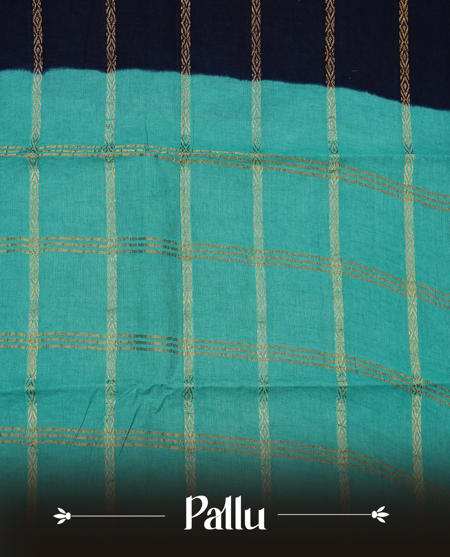 Navy blue colour colour Sungudi cotton saree featuring elegant gold zari stripes on the body, complemented by a contrast teal with gold zari border and pallu, paired with a matching blouse piece
