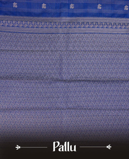 Blue coloured soft silk saree featuring Rose gold zari stripes and motifs across the body, enhanced with a Self colour with traditional border and pallu, paired with a matching blouse piece