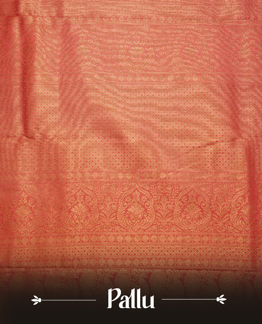 Mauve colour soft silk saree featuring gold zari pattern on body, complemented by self colour with traditional border, paired with matching blouse piece.