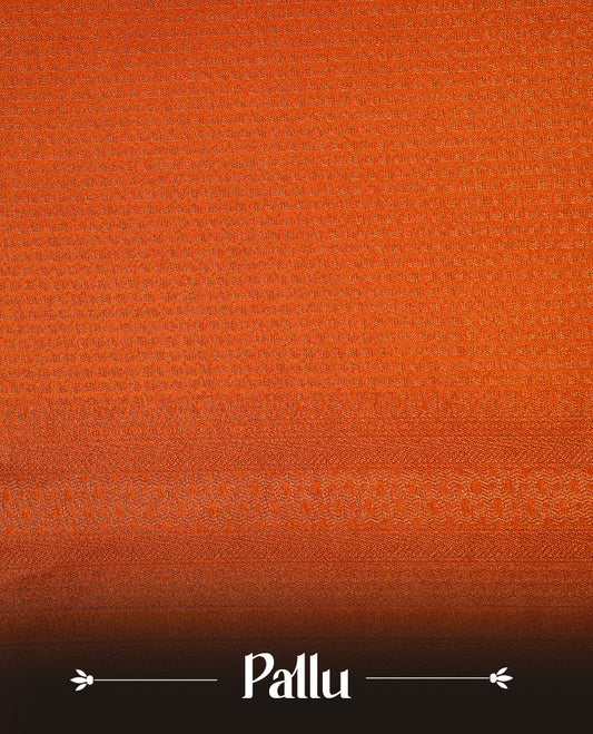 Orange colour softie silk saree featuring square dotted stripes across body, complemented by self colour with traditional border, paired with matching blouse piece.