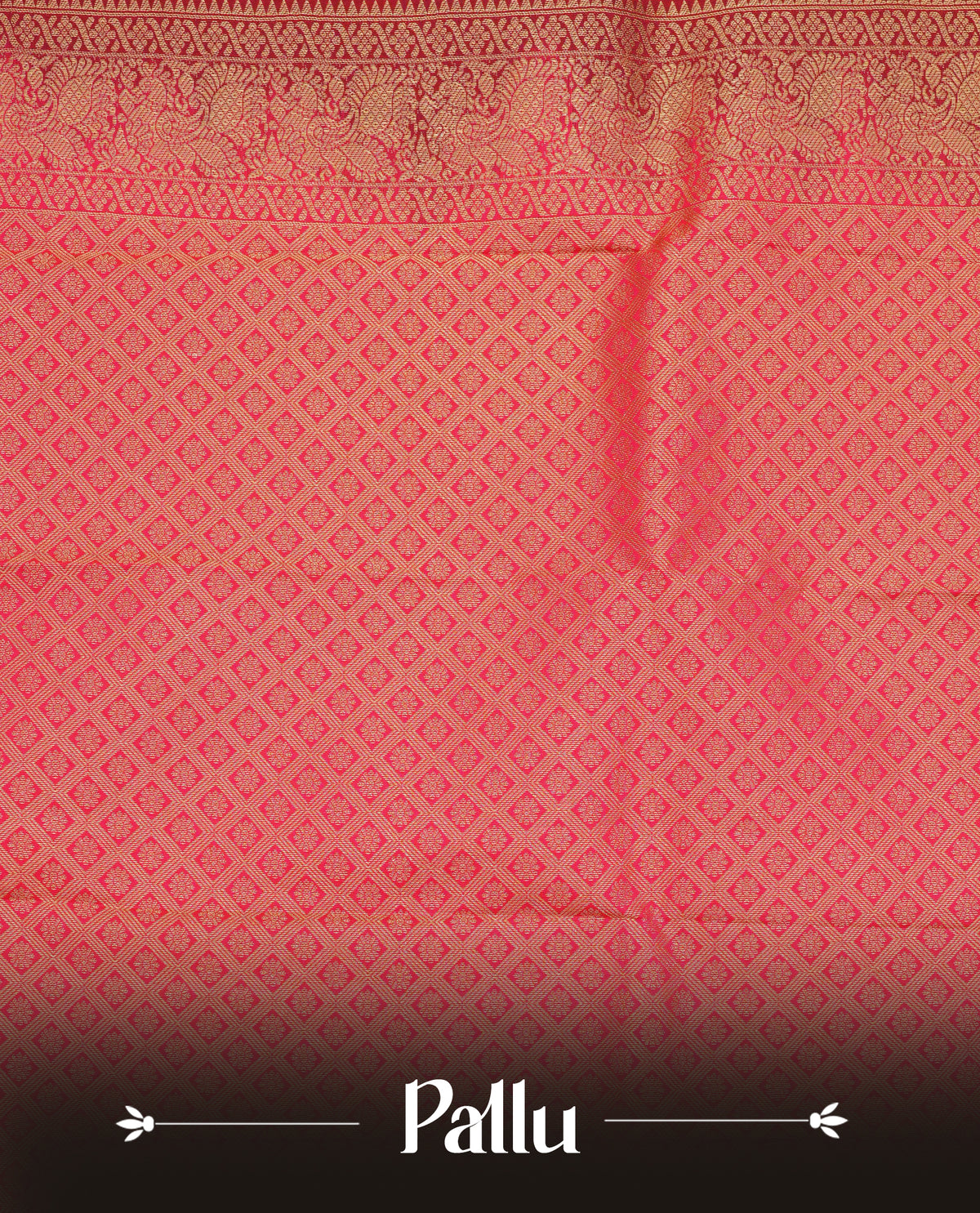 Dark green colour soft silk saree featuring gold zari checks with floral motifs on body, contrast rani pink colour gold zari traditional border, grand pallu comes with matching blouse piece.