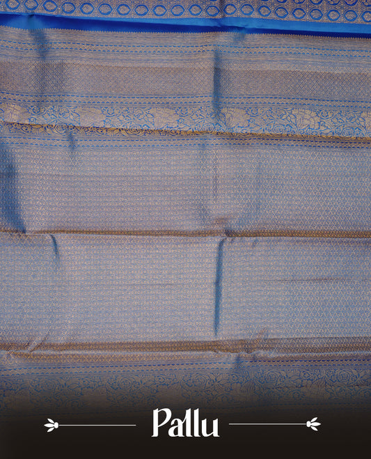 Blue colour kancheepuram silk saree featuring gold zari pattern across body, complemented by selfcolour border traditional zari border, paired with matching blouse piece.