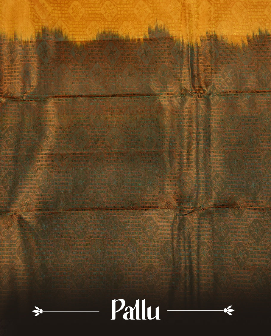 Yellow colour soft silk saree featuring stripes on the body, complemented by a contrast Green zari border and pallu, paired with matching blouse piece.