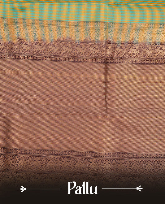 Pastel green & white colour traditional kancheepuram silk saree featuring gold zari check pattern on body, complemented by contrast dark chocolate colour with gold zari traditional border, paired with matching blouse piece.