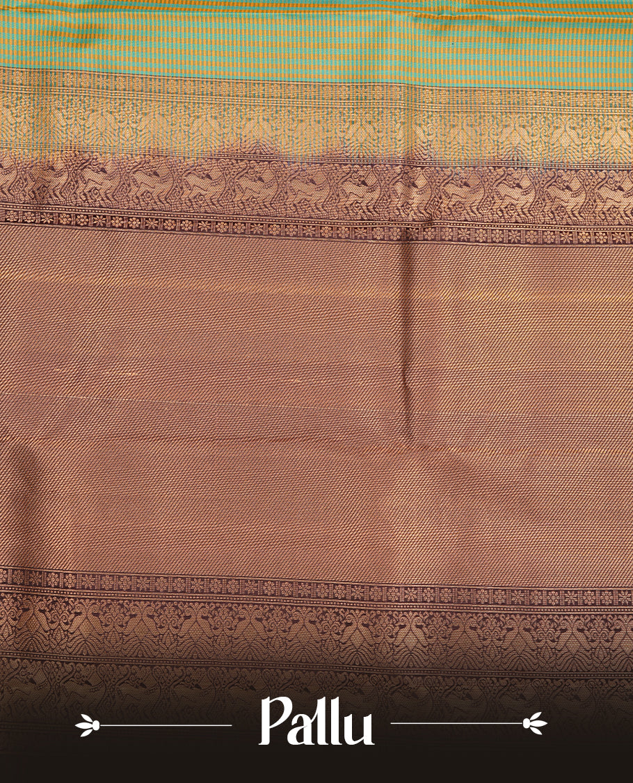 Pastel green & white colour traditional kancheepuram silk saree featuring gold zari check pattern on body, complemented by contrast dark chocolate colour with gold zari traditional border, paired with matching blouse piece.