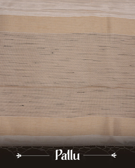 Beige colour Tussar silk saree featuring Elegant plain body, highlighting Purple colour cut work with Light gold zari border, pallu and paired with matching blouse piece.