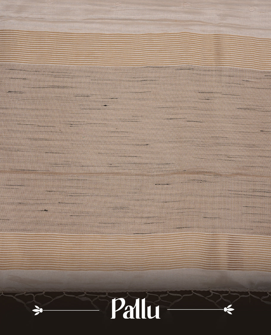 Beige colour Tussar silk saree featuring Elegant plain body, highlighting Purple colour cut work with Light gold zari border, pallu and paired with matching blouse piece.