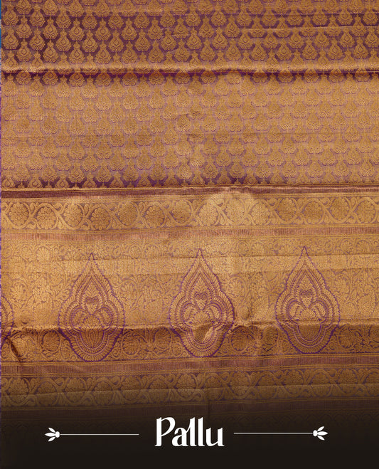 Gold & Magenta double shade colour kancheepuram tissue silk saree featuring gold zari floral kodi pattern on body, complemented by contrast magenta colour with traditional border, paired with matching blouse piece.