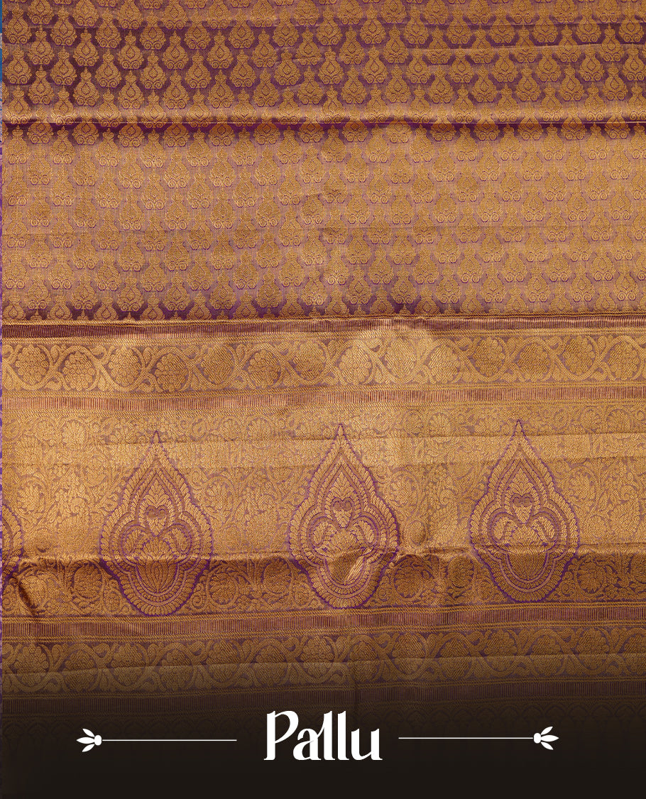 Gold & indigo double shade colour kancheepuram tissue silk saree featuring gold zari floral kodi pattern on body, complemented by contrast indigo colour with traditional border, paired with matching blouse piece.