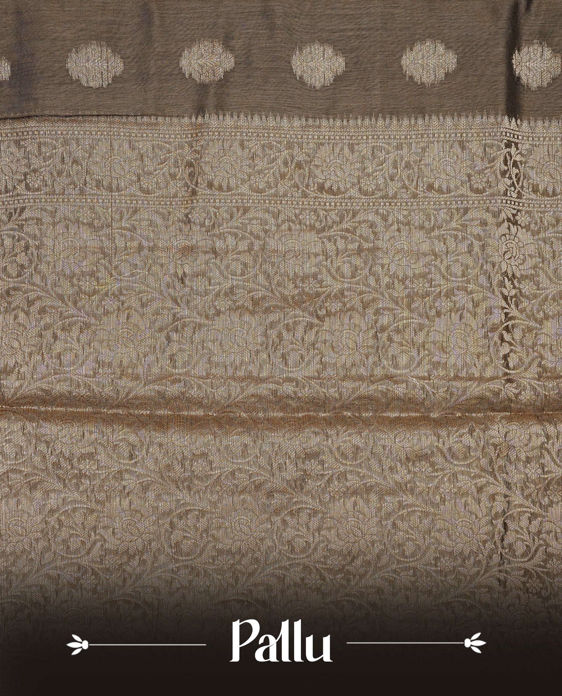 Khaki Brown Colour Tussar Silk saree with antique zari butta motifs On Body, a self-toned floral zari border, a rich zari pallu, and a matching blouse piece.