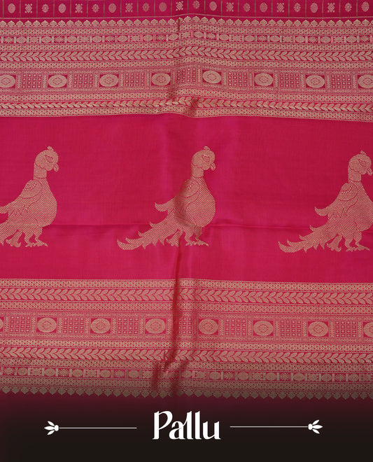 Magenta colour Traditional Kancheepuram silk saree featuring Gold zari Motifs on checks on body, complemented by self colour with traditional border, comes with matching blouse piece.
