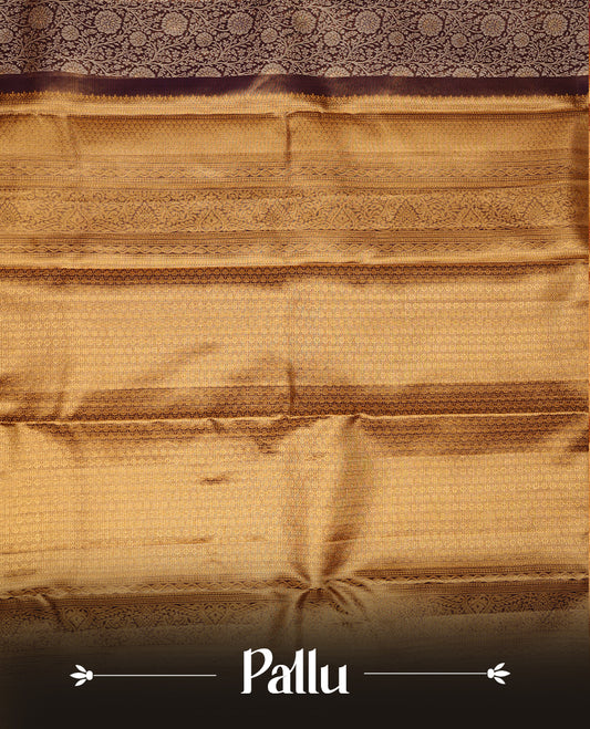 Gold colour kancheepuram tissue silk saree featuring gold zari pattern across body, complemented by contrast purple colour border traditional zari border, paired with matching blouse piece.
