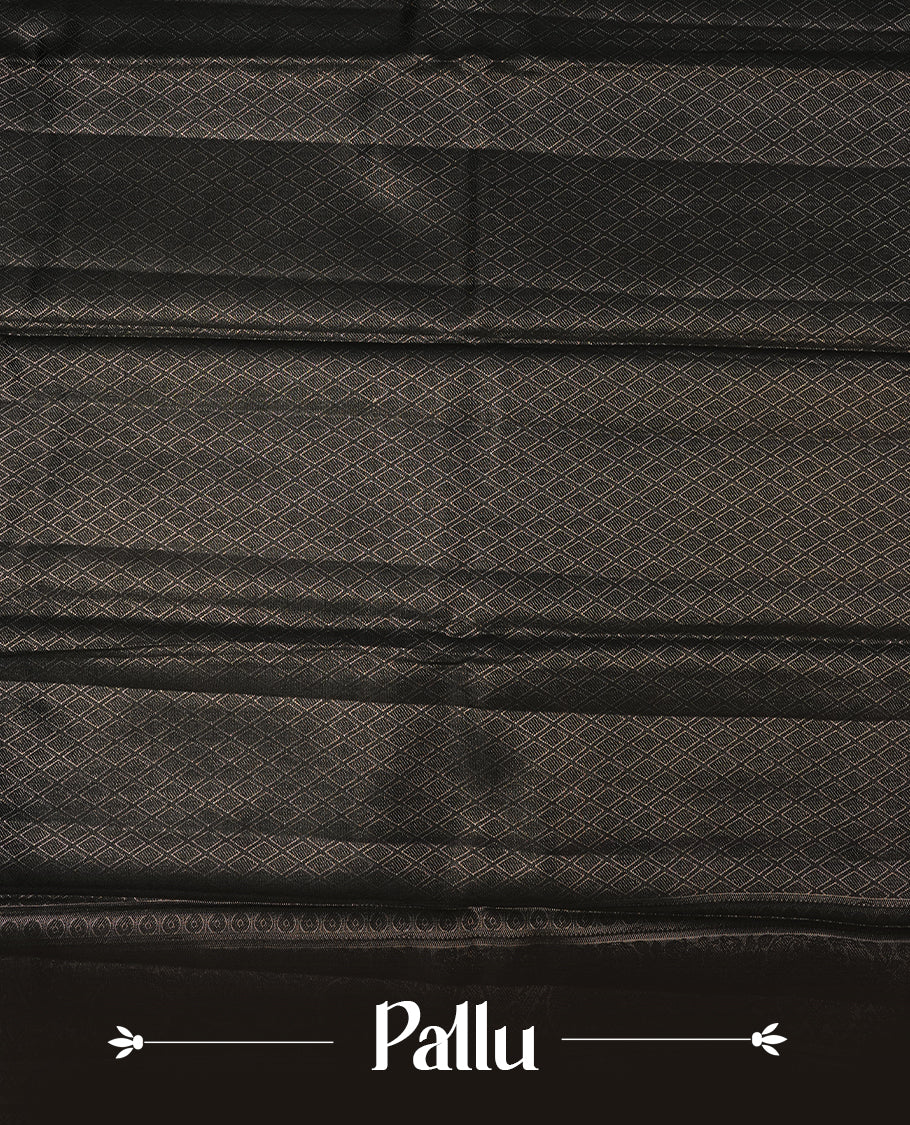 Silver colour semi tissue silk saree featuring gold zari check pattern on body, contrast Black colour with selfcolour traditional border, paired with matching blouse piece.
