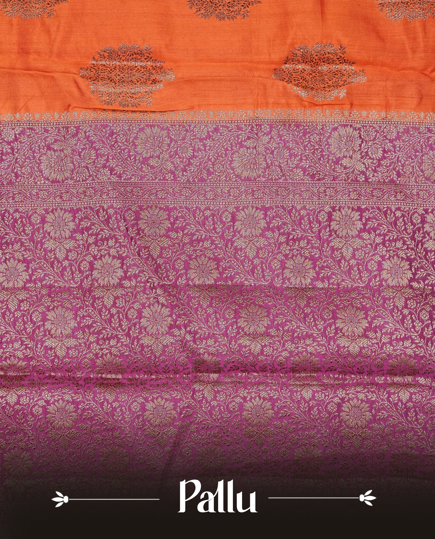 Orange Colour Tussar Silk saree with elegant antique zari floral motifs On Body, a contrasting Magenta zari border, a rich zari pallu, Paired With a matching  blouse piece.