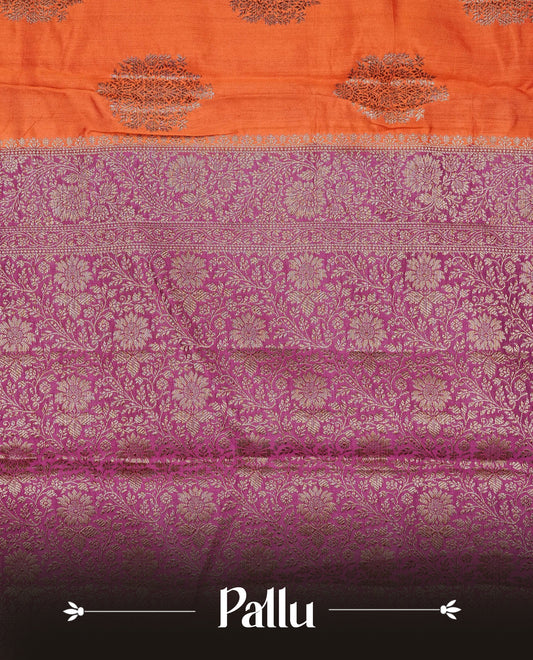 Orange Colour Tussar Silk saree with elegant antique zari floral motifs On Body, a contrasting Magenta zari border, a rich zari pallu, Paired With a matching  blouse piece.