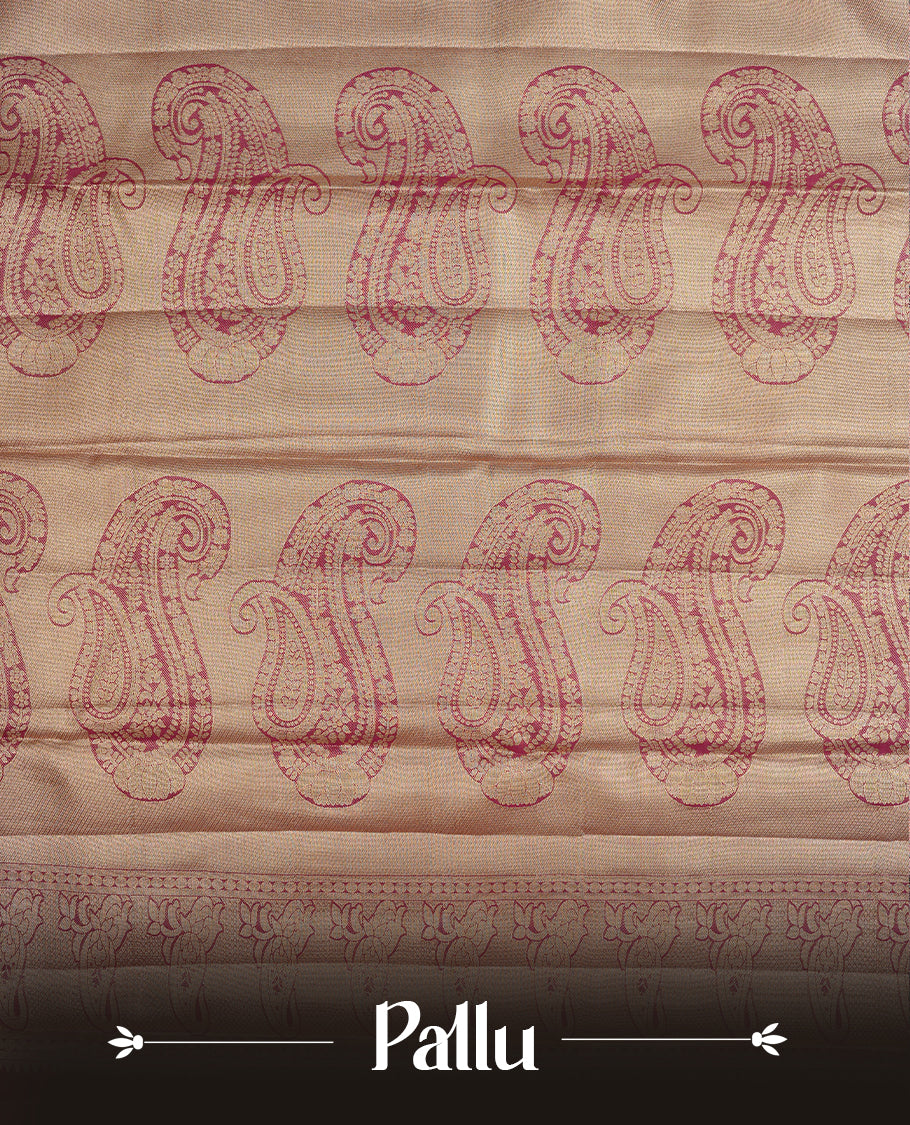 Green & gold double shade colour semi tissue silk saree featuring gold zari floral kodi pattern on body, contrast magenta colour with gold zari traditional border, paired with matching blouse piece.