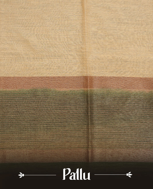 Light gold colour semi linen silk saree featuring elegant plain body, highlighting antique zari traditional border with contrast green colour, pallu and paired with matching blouse