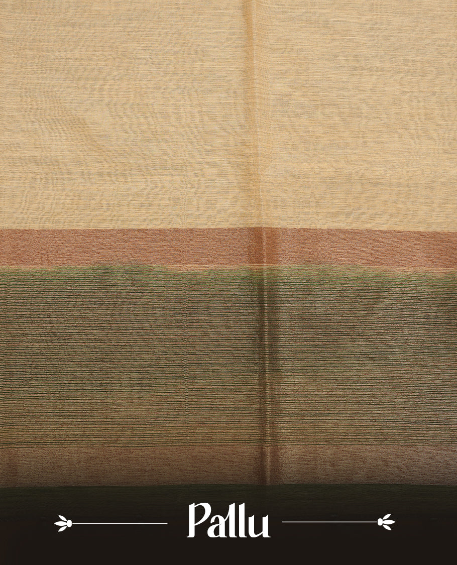 Light gold colour semi linen silk saree featuring elegant plain body, highlighting antique zari traditional border with contrast green colour, pallu and paired with matching blouse