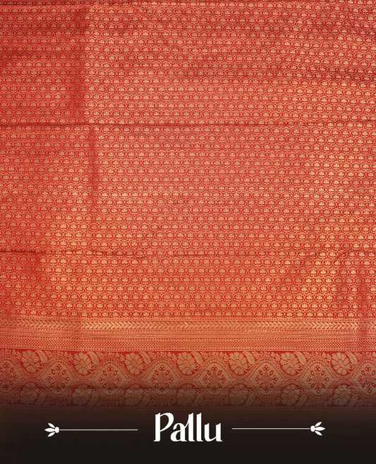Mustard colour semi wedding saree featuring gold zari motif on check pattern on body, complemented by contrast brick red with traditional border, paired with matching blouse piece.