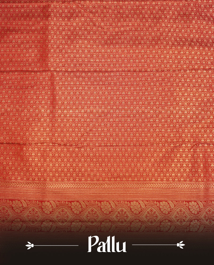 Mustard colour semi wedding saree featuring gold zari motif on check pattern on body, complemented by contrast brick red with traditional border, paired with matching blouse piece.