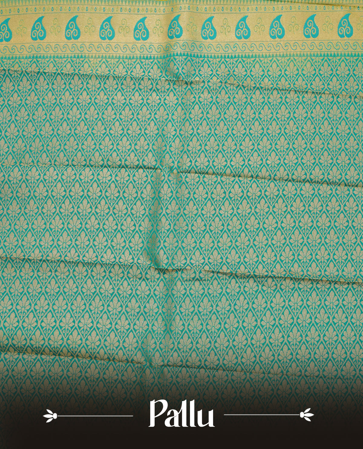 Yellow colour soft silk saree featuring gold zari checks with motifs on body, contrast teal colour traditional border,  grand pallu comes with matching blouse piece.