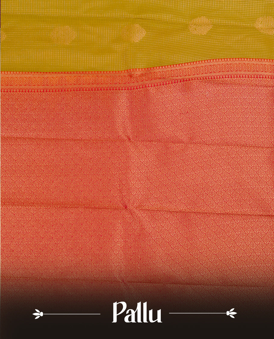 Light oilve coloured soft silk saree featuring gold zari stripes and motifs across the body, enhanced with a selfcolour border and contrast magenta pallu, paired with a matching contrast blouse piece.