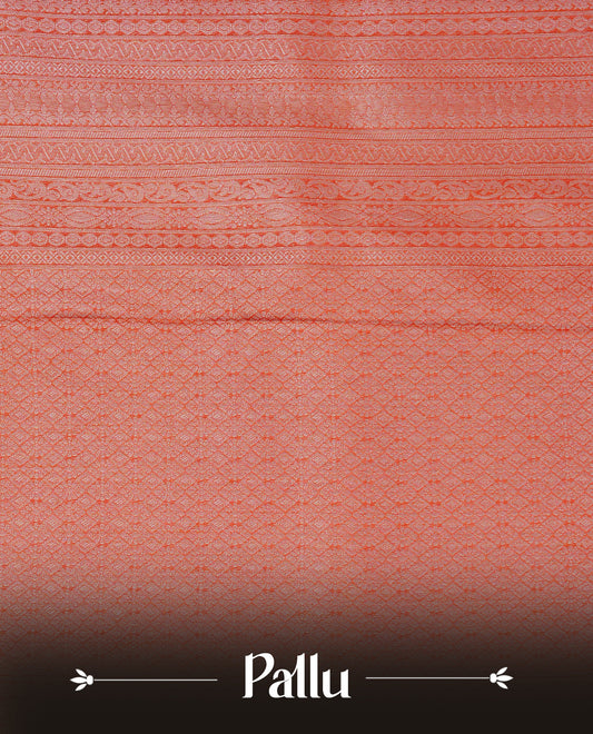 Rust orange colour softie silk saree featuring silver zari, rich pallu brocade body, with contrasting self colour border.paired with matching blouse piece.