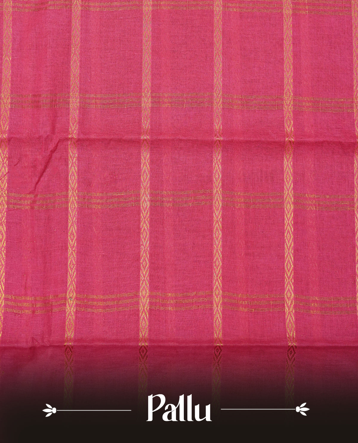 Dark chocolate colour colour Sungudi cotton saree featuring elegant gold zari stripes on the body, complemented by a contrast magenta with gold zari border and pallu, paired with a matching blouse piece